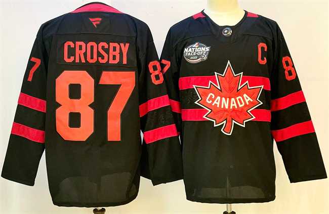 Men%27s Canada #87 Sidney Crosby Black 2025 4 Nations Face-Off Premium With C Patch Stitched Jersey